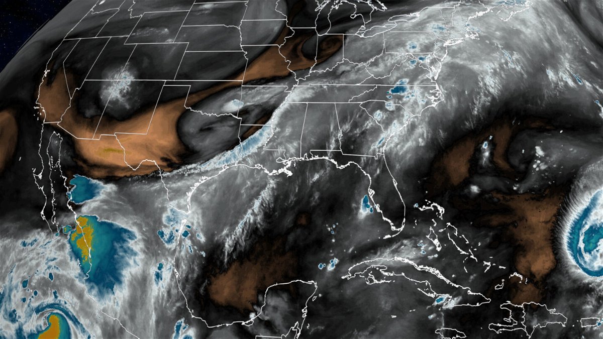 <i>CNN Weather</i><br/>Water vapor satellite imagery shows the plume of mositure stretching from the Pacific to the Atlantic.