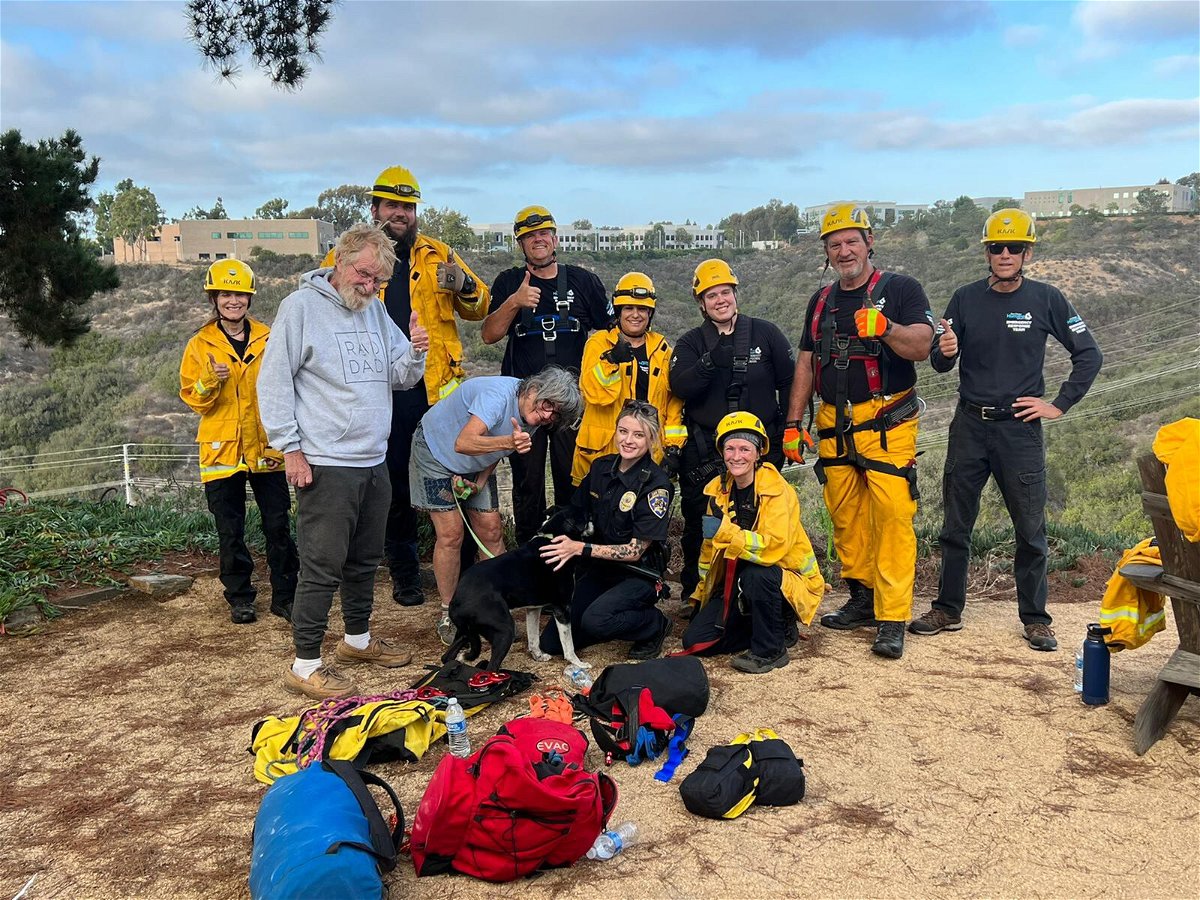 <i>San Diego Humane Society</i><br/>A California family says they're thrilled after their deaf dog was rescued by emergency responders after falling 100 feet down a ravine.