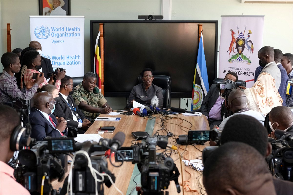<i>Hajarah Nalwadda/AP</i><br/>Permanent Secretary of the Ministry of Health Diana Atwine (center) confirms a case of Ebola in the country at a press conference in Kampala