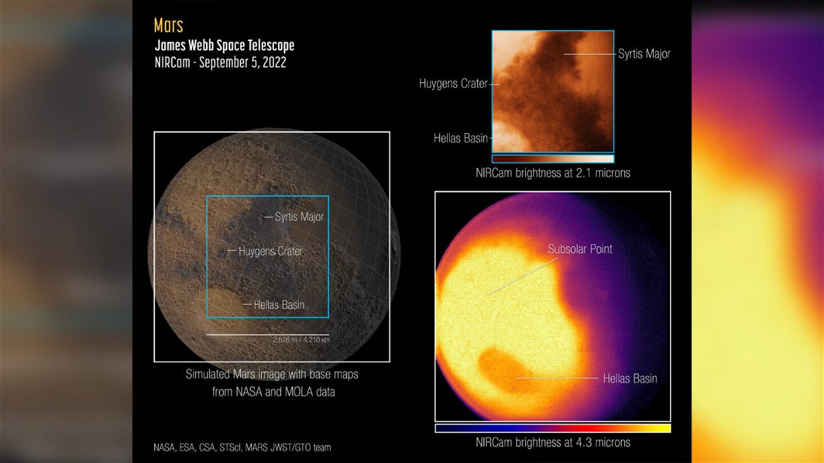 <i>NASA/ESA/CSA/STScI/Mars JWST/GTO team</i><br/>Webb's first images of Mars show the planet's eastern hemisphere in two wavelengths of infrared light.