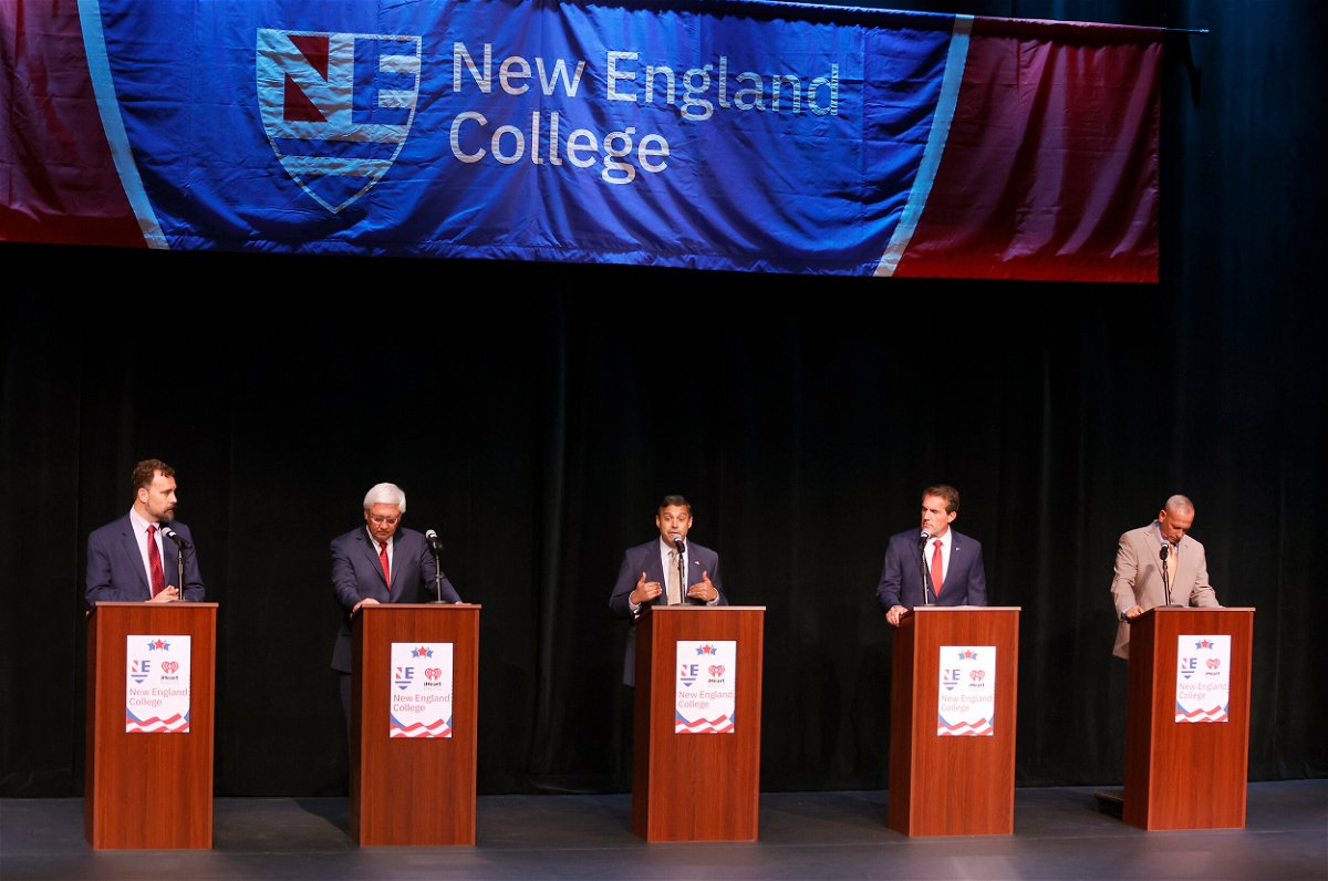 <i>Mary Schwalm/AP</i><br/>New Hampshire Republicans are set to choose their candidate to take on Democratic Sen. Maggie Hassan on September 13. New Hampshire Republicans running for the Senate nomination are pictured here on the debate stage.