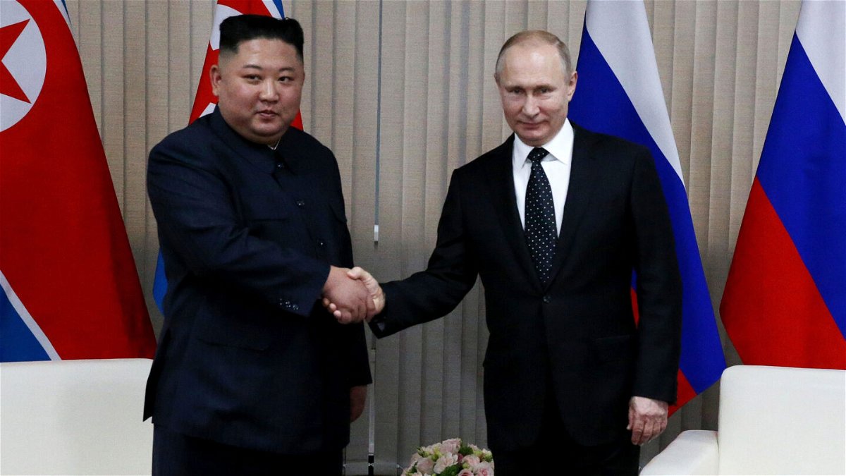 <i>Mikhail Svetlov/Getty Images</i><br/>Russian President Vladimir Putin greets North Korean Leader Kim Jong Un during their meeting in April of 2019 in Vladivostok