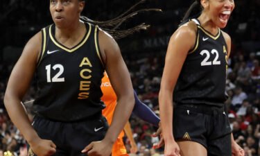 The Las Vegas Aces moved one win away from securing the franchise's first WNBA title with a 85-71 victory over the Connecticut Sun on September 13 in Nevada. Chelsea Gray (left) and A'ja Wilson react during the win.