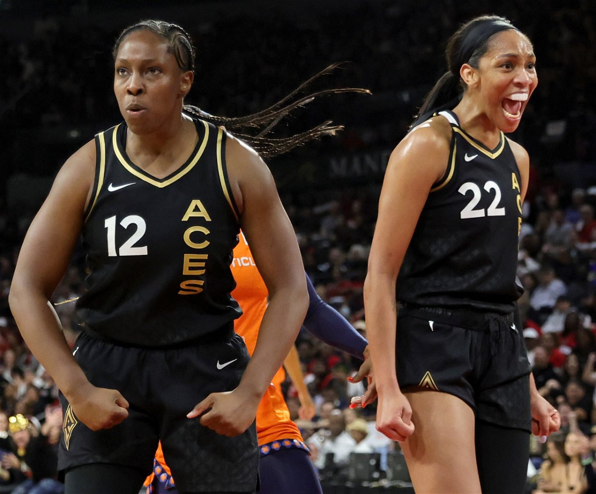 <i>Ethan Miller/Getty Images North America/Getty Images</i><br/>The Las Vegas Aces moved one win away from securing the franchise's first WNBA title with a 85-71 victory over the Connecticut Sun on September 13 in Nevada. Chelsea Gray (left) and A'ja Wilson react during the win.