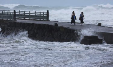 Waves crash on the shore in Miyazaki City