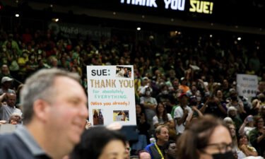 A fan holds a sign thanking Sue Bird after the Storm lost to the Las Vegas Aces in Seattle on September 6.