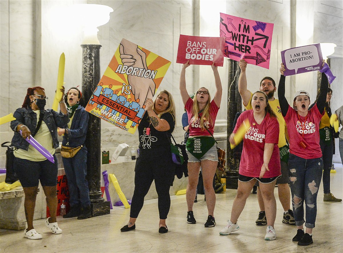 <i>Chris Dorst/Charleston Gazette-Mail/AP</i><br/>Abortion rights supporters demonstrate outside the Senate chamber at the West Virginia State Capitol on September 13 in Charleston. The West Virginia Legislature on Tuesday passed a bill that will prohibit nearly all abortions.
