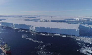 The US Antarctic Program research vessel Nathaniel B. Palmer works along the ice edge of the Thwaites Eastern Ice Shelf in February 2019.