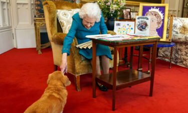 Queen Elizabeth II is joined by one of her dogs