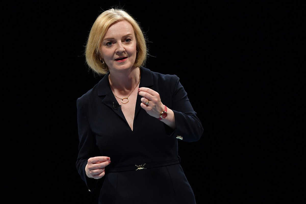 <i>Anthony Devlin/Getty Images</i><br/>Foreign Secretary and Conservative leadership hopeful Liz Truss speaks on stage on Aug. 23 in Birmingham