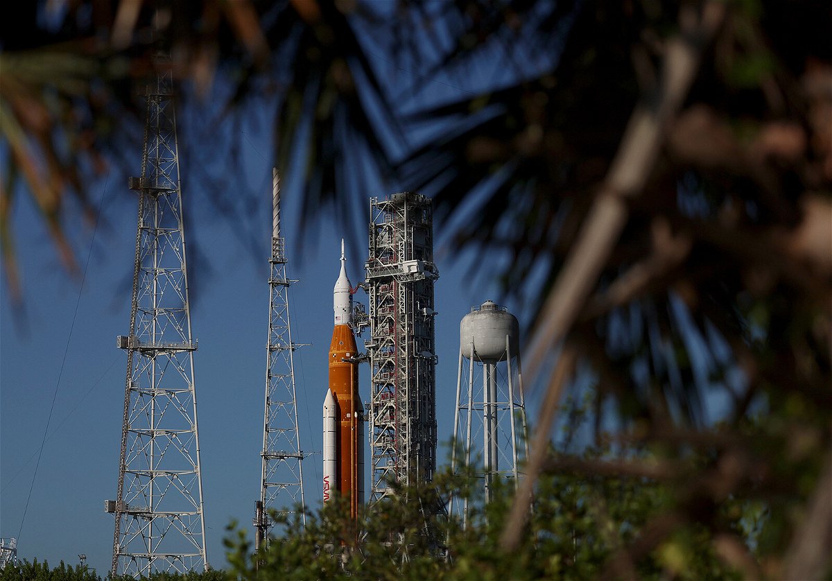 <i>Joe Raedle/Getty Images</i><br/>NASA's Artemis I rocket sits on launch pad 39-B after the launch was scrubbed at Kennedy Space Center on September 6 in Cape Canaveral
