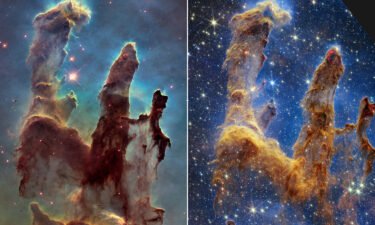 The Pillars of Creation is a star-forming region in the Eagle Nebula captured in a new image (right) by the James Webb Space Telescope. It shows more detail than a 2014 image (left) taken by Hubble.