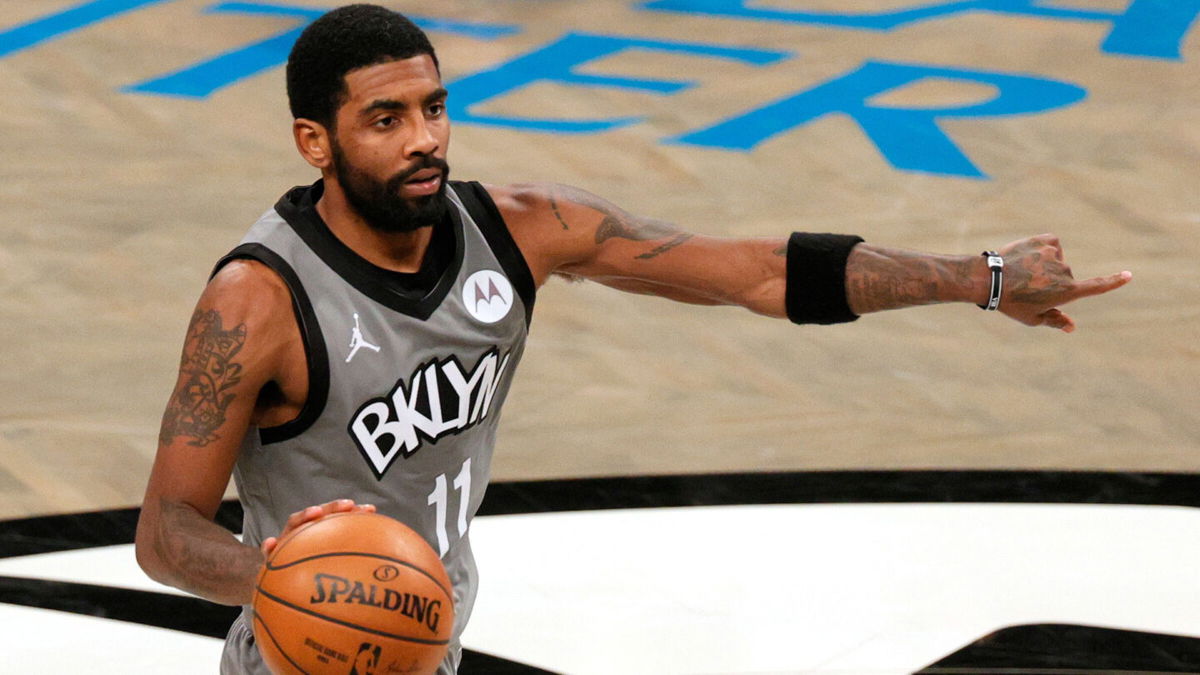 <i>Sarah Stier/Getty Images</i><br/>Kyrie Irving of the Brooklyn Nets calls a play during the second half against the Washington Wizards at Barclays Center in January 2021 in Brooklyn. The owner of the Brooklyn Nets has condemned Irving for a tweet about a documentary deemed antisemitic.