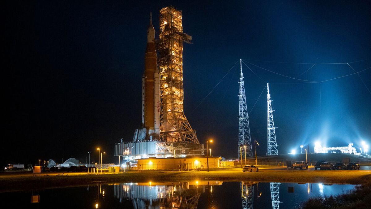 <i>Joel Kowsky/NASA</i><br/>NASA sets date for another try at Artemis I launch. Pictured is NASA's Space Launch System (SLS) rocket on September 27 at NASA's Kennedy Space Center in Florida.