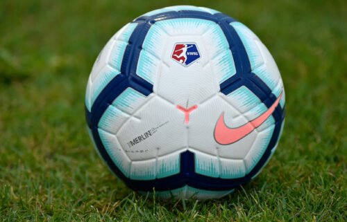 A soccer ball sits on the grass field during the National Women's Soccer League (NWSL) game between the North Carolina Courage and Washington Spirit on June 29
