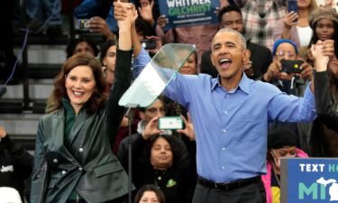 Former US President Barack Obama campaigns for Michigan Gov. Gretchen Whitmer at a rally in Detroit on October 29.