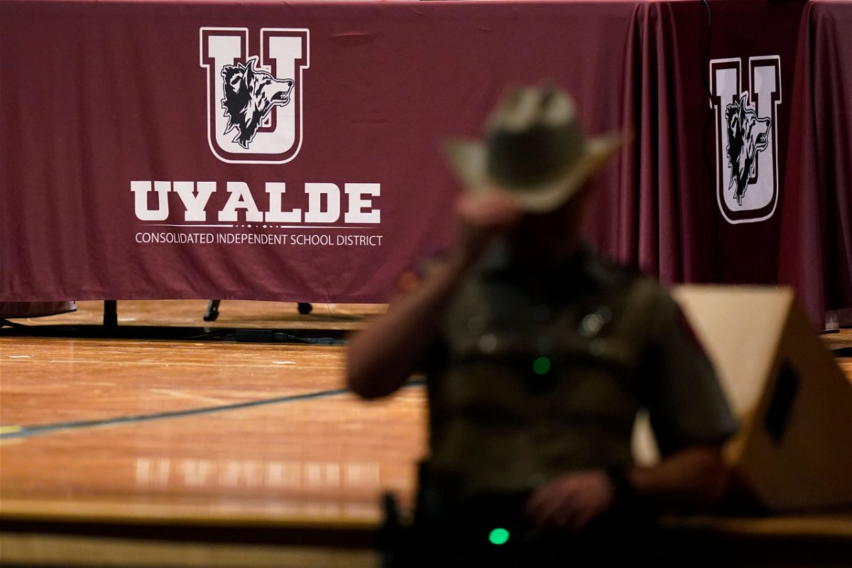 <i>Eric Gay/AP</i><br/>The Uvalde Consolidated Independent School District announced the suspension of its school police force on October 7. Texas Department of Safety Troopers are seen here at a meeting of the Board of Trustees on August  24