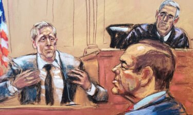 Kevin Spacey and Judge Lewis Kaplan listen to plaintiff Anthony Rapp testify in this courtroom sketch from the trial in New York