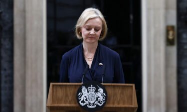 British Prime Minister Liz Truss announces her resignation outside Number 10 Downing Street on October 20.