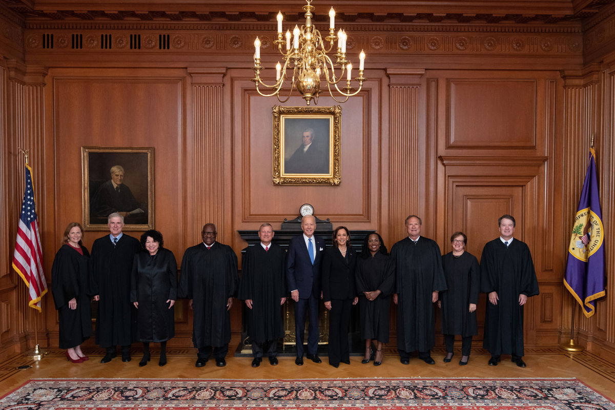 <i>Fred Schilling/Collection of the Supreme Court of the United States</i><br/>The Supreme Court is pictured here on September 30 for the formal investiture ceremony of Associate Justice Ketanji Brown Jackson. President Joe Biden said on October 11 that the Supreme Court is 'more an advocacy group' than an 'even handed' court.