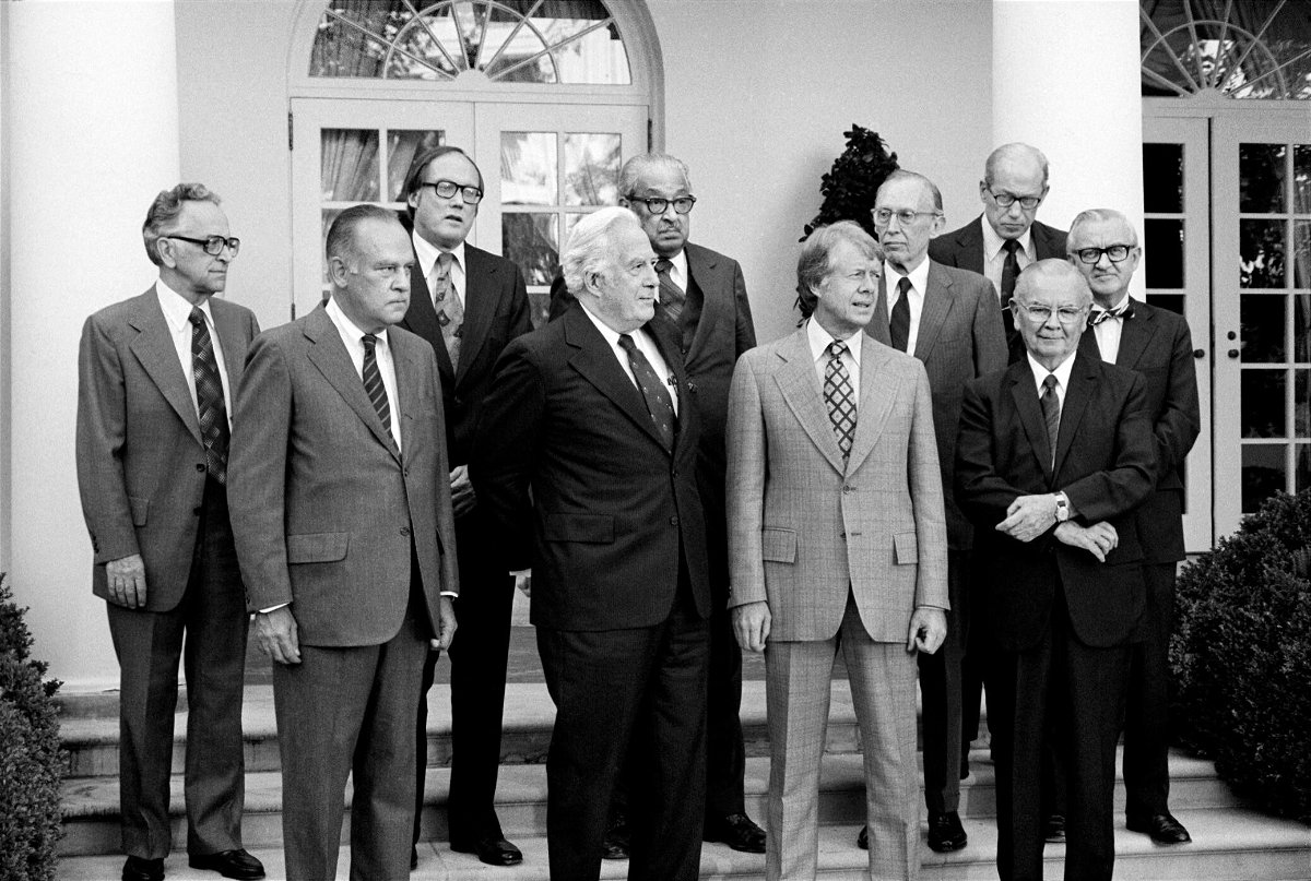 <i>Universal History Archive/Universal Images Group/Getty Images</i><br/>The first time the Supreme Court upheld the use of affirmative action in college admissions the justices spent months strategizing. U.S. President Jimmy Carter is pictured here with Supreme Court Justices in September 1977.