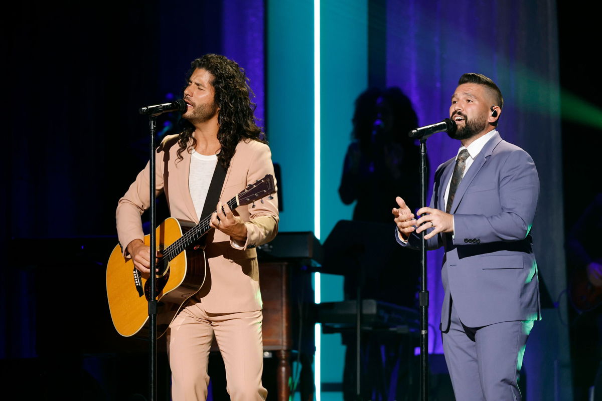 <i>Jason Kempin/Getty Images</i><br/>Dan Smyers (left) and Shay Mooney of Dan + Shay perform during the 15th Annual Academy of Country Music Honors at Ryman Auditorium on August 24 in Nashville.