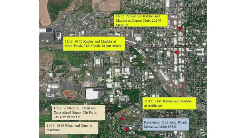 Investigators have released a map showing the movements of four University of Idaho students the night they were murdered. Source- Idaho State Police