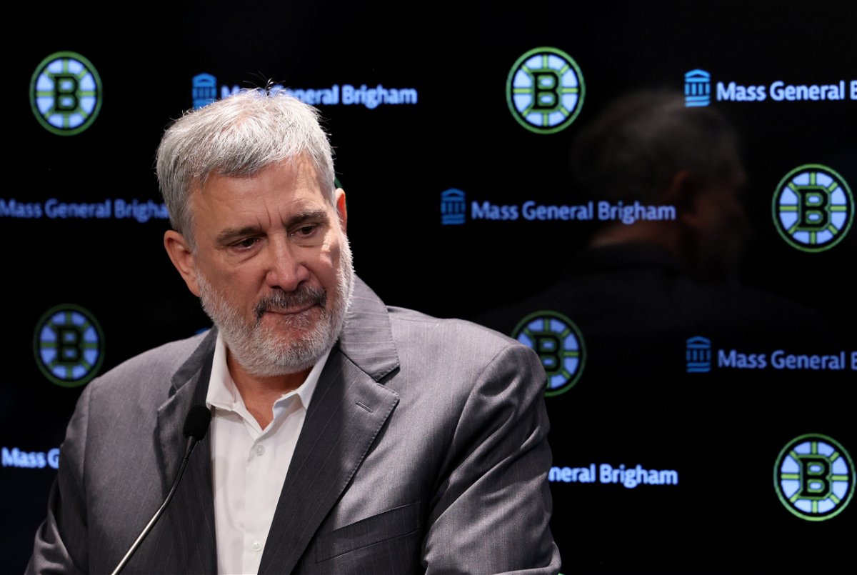 <i>Jessica Rinaldi/The Boston Globe/Getty Images</i><br/>Boston Bruins president Cam Neely addresses the media on November 7 after the team signed and then cut Mitchell Miller in the span of two days.