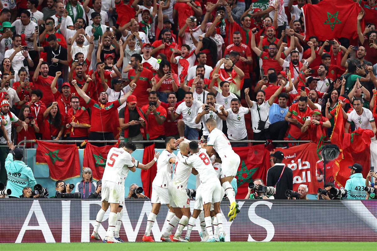 <i>Elsa/Getty Images</i><br/>Morocco celebrates its first goal.