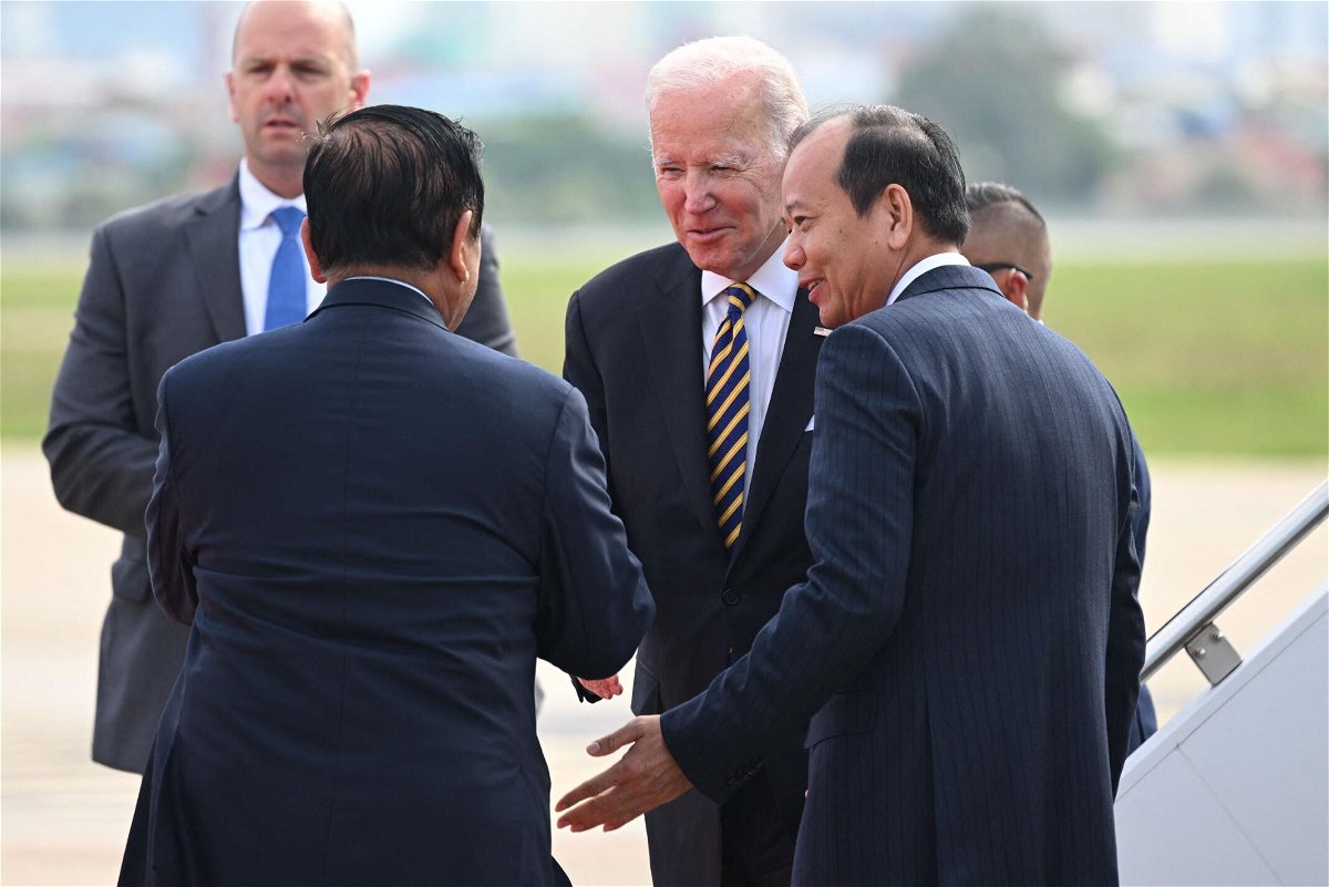 <i>Saul Loeb/AFP/Getty Images</i><br/>President Joe Biden is greeted by Cambodian officials upon arrival in Phnom Penh International Airport on November 12.