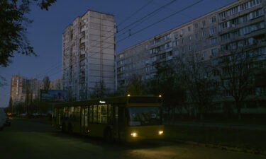 Unilluminated street and residential blocks during a blackout after a Russian missile attack on Ukrainian power infrastructure in Kyiv