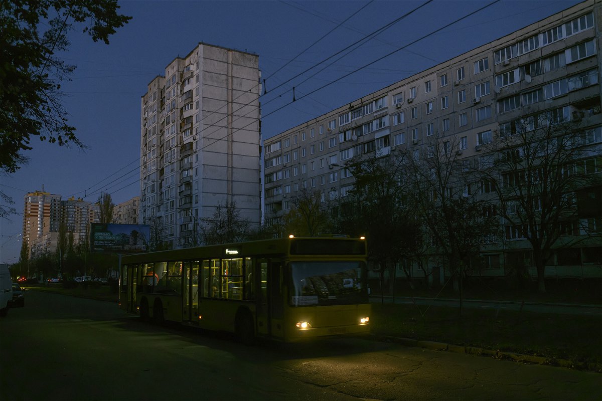 <i>Maxym Marusenko/NurPhoto/Reuters</i><br/>Unilluminated street and residential blocks during a blackout after a Russian missile attack on Ukrainian power infrastructure in Kyiv