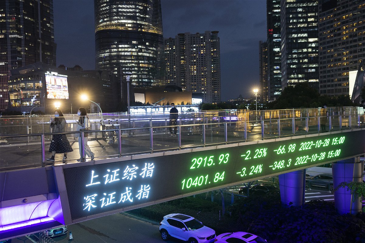 <i>Hugo Hu/Getty Images</i><br/>People walk on a pedestrian bridge which displays the numbers for the Shanghai Shenzhen stock indexes on October 28