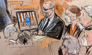 Defendants Stewart Rhodes and Jessica Watkins are seen in this courtroom sketch. Federal prosecutors on Thursday have rested their case against five alleged leaders of the far-right Oath Keepers militia group.