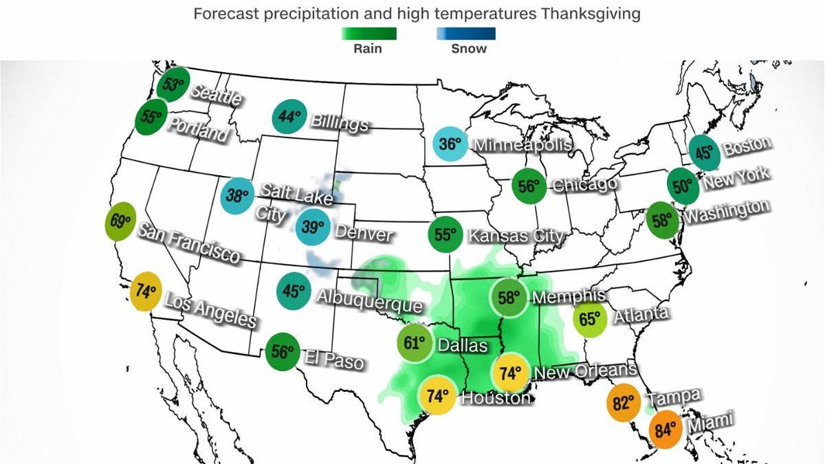 <i>CNN Weather</i><br/>Rain and a few thunderstorms are possible over eastern portions of the Southern Plains and much of the Lower Mississippi Valley on Thanksgiving.