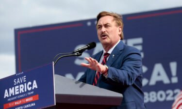 MyPillow CEO Mike Lindell speaks at a rally for former President Donald Trump on April 9