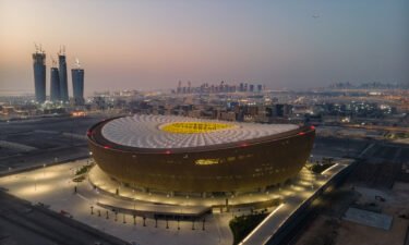 An aerial view of Lusail Stadium at sunrise on June 20 in Doha