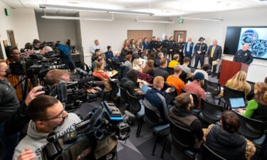 Media members gather as Chief James Fry speaks during a press conference about a quadruple homicide investigation involving four University of Idaho students at the Moscow Police Department on Wednesday