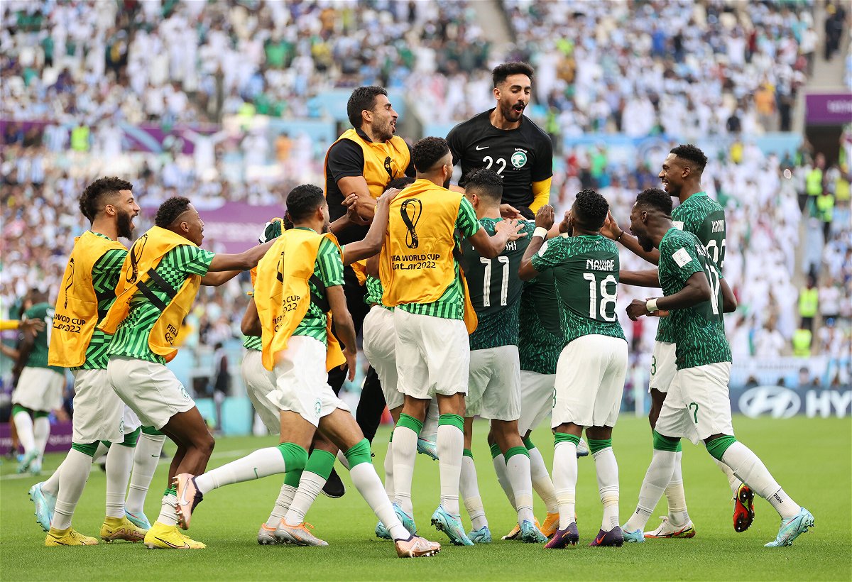 <i>Clive Brunskill/Getty Images</i><br/>Saudi Arabia soccer team celebrates after scoring their team's second goal during the FIFA World Cup Qatar 2022 match between Argentina and Saudi Arabia on November 22