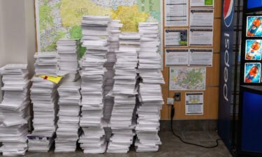 Stacks of ballot paper are seen at the Luzerne County Bureau of Elections in Wilkes-Barre