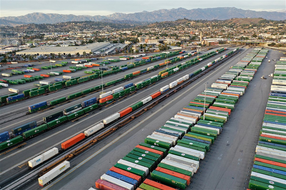 <i>Mario Tama/Getty Images</i><br/>Rail strike threat recedes as Congress prepares to impose unpopular contract on unions. Shipping containers and rail cars sit in a Union Pacific Intermodal Terminal rail yard on November 21
