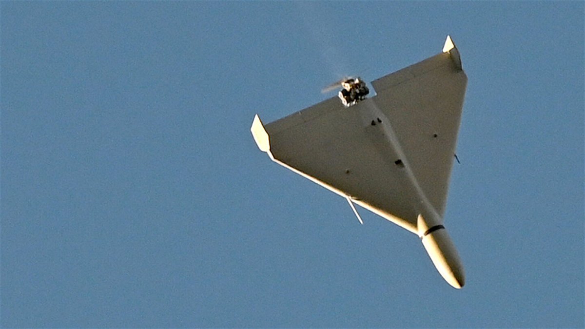 <i>Sergei Supinsky/AFP/Getty Images</i><br/>Iran and Russia have reached an agreement to begin the production of attack drones in Russia. A drone flies over Kyiv on October 17.