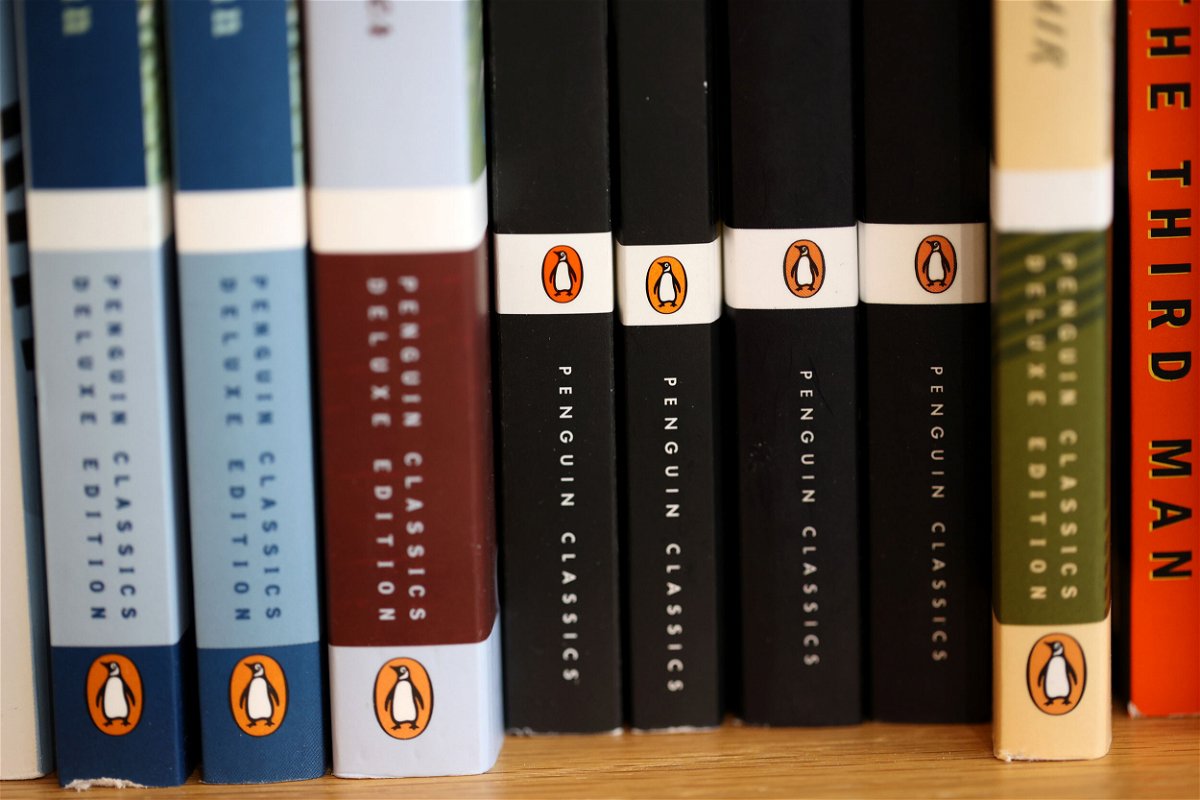 <i>Justin Sullivan/Getty Images</i><br/>The Penguin logo is visible on the spines of books displayed on a shelf at Book Passage in November 2021 in Corte Madera