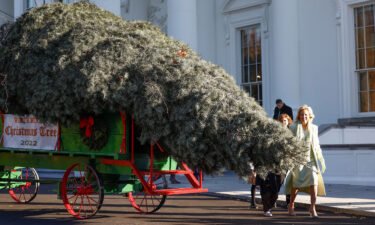 First lady Jill Biden receives the official 2022 White House Christmas Tree at the White House in Washington