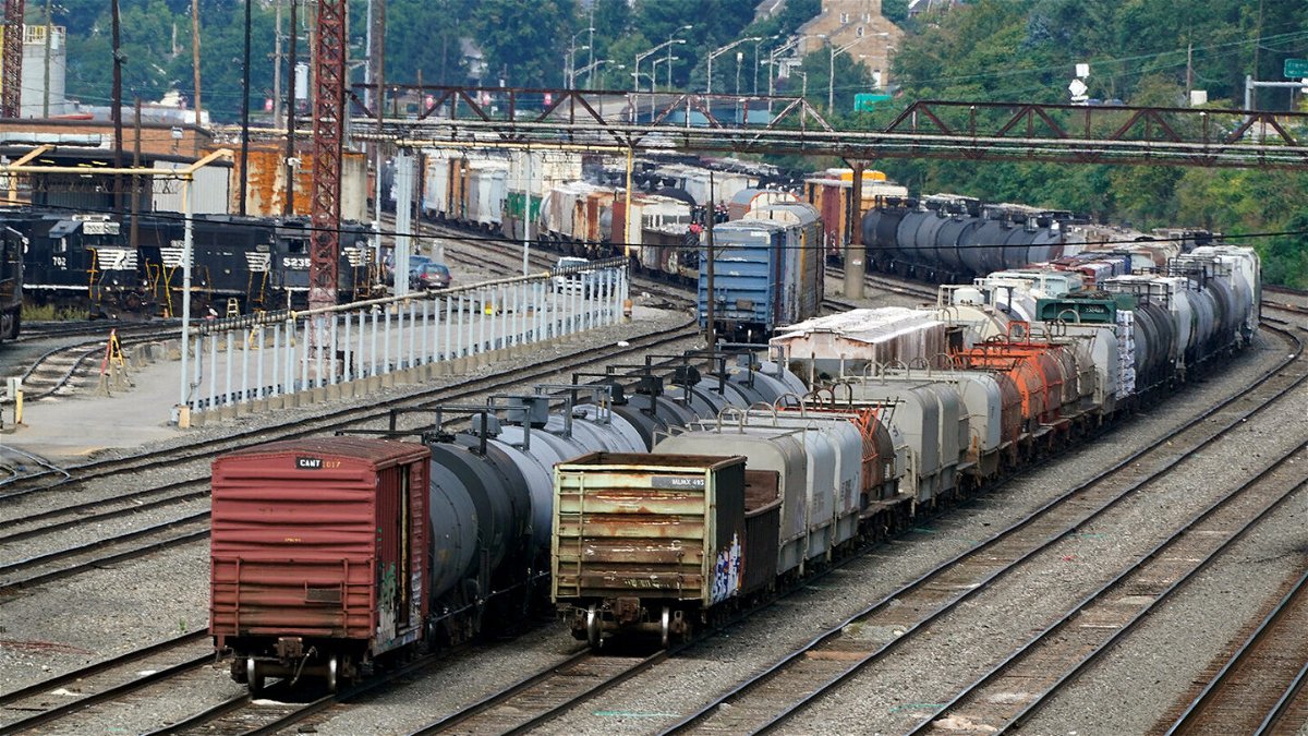 <i>Gene J. Puskar/AP</i><br/>The nation's largest rail union rejected a tentative labor deal with freight railroads. Freight cars here wait to be hauled out of the Norfolk Southern Conway Terminal in Conway