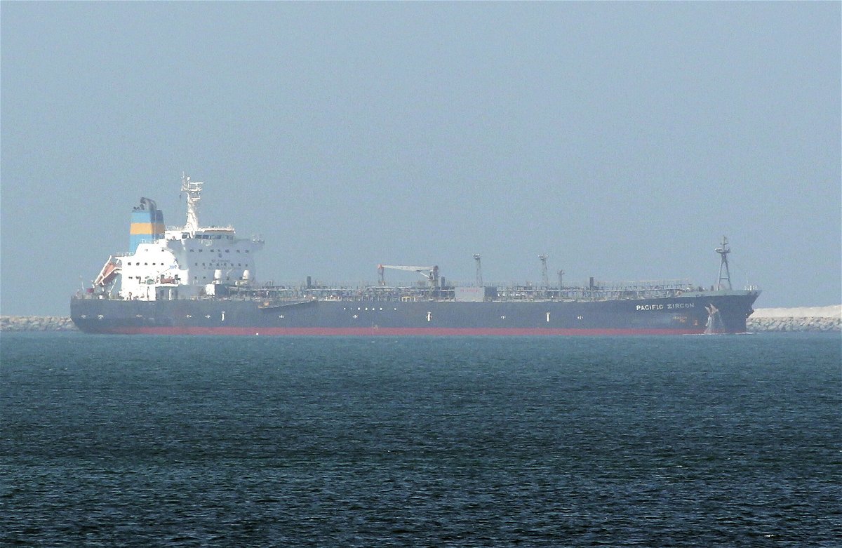 <i>Nabeel Hashmi/AP</i><br/>A self-destructing drone attacked the Pacific Zircon oil tanker carrying gas oil on Monday. The tanker in question is pictured here in Jebel Ali port