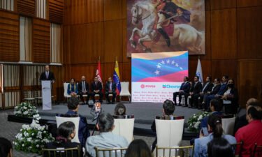 Venezuelan Petroleum Minister Tareck El Aissami speaks during a signing ceremony with California-based Chevron