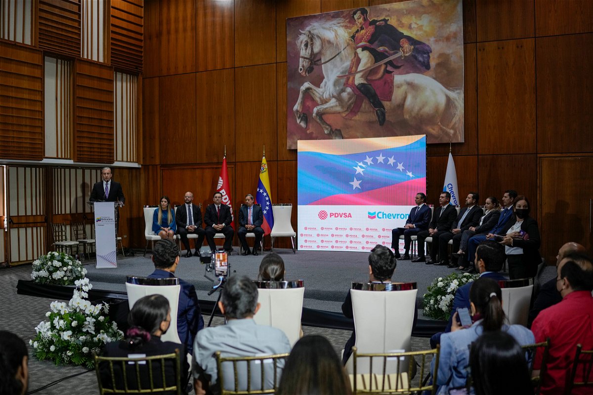 <i>Matias Delacroix/AP</i><br/>Venezuelan Petroleum Minister Tareck El Aissami speaks during a signing ceremony with California-based Chevron
