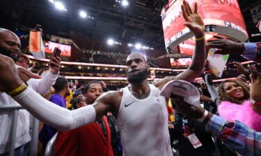 LeBron James #6 of the Los Angeles Lakers reacts after their 130-121 win over the Atlanta Hawks at State Farm Arena on December 30