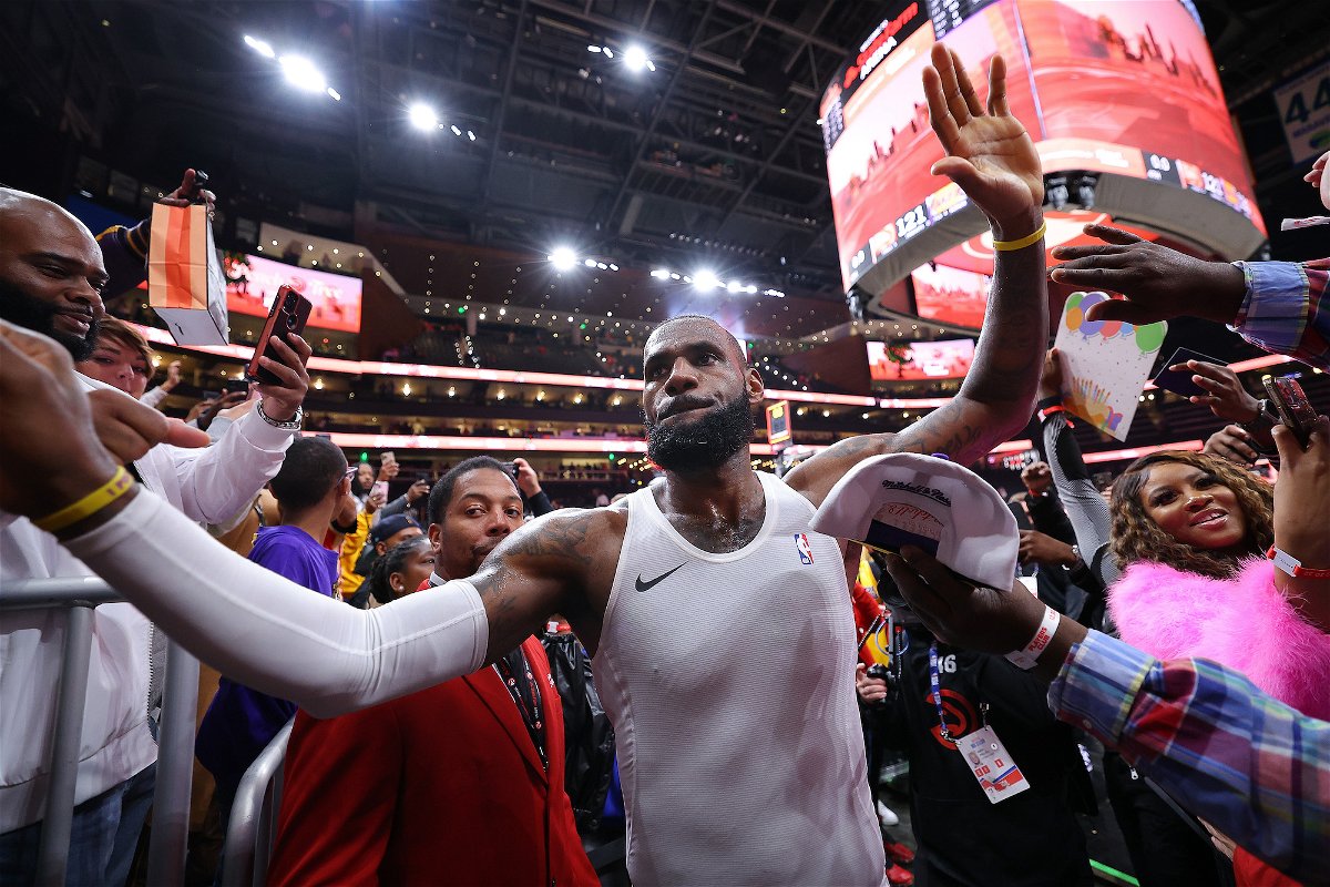 <i>Kevin C. Cox/Getty Images</i><br/>LeBron James #6 of the Los Angeles Lakers reacts after their 130-121 win over the Atlanta Hawks at State Farm Arena on December 30